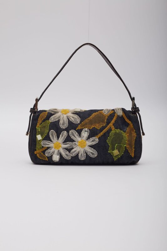 FENDI BLUE DENIM FLOWER APPLIQUE BAGUETTE BAG