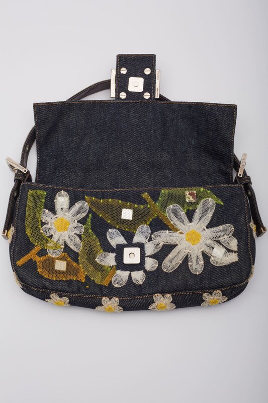 FENDI BLUE DENIM FLOWER APPLIQUE BAGUETTE BAG