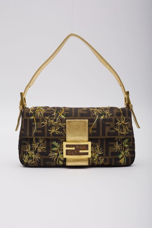 FENDI VINTAGE FF MONOGRAM FLOWER EMBODIED BAGUETTE BAG