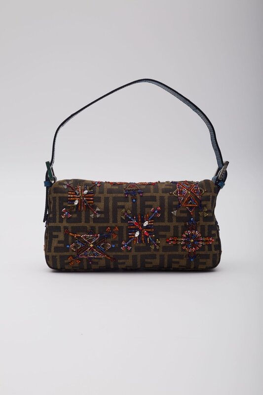 FENDI ZUCCA BROWN LIZARD BEADED EMBELLISHED BAGUETTE BAG