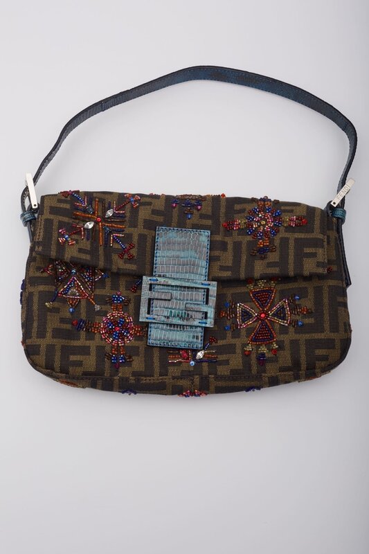 FENDI ZUCCA BROWN LIZARD BEADED EMBELLISHED BAGUETTE BAG