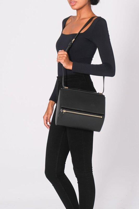 TEXTURED CALFSKIN BLACK PANDORA BOX CROSSBODY BAG