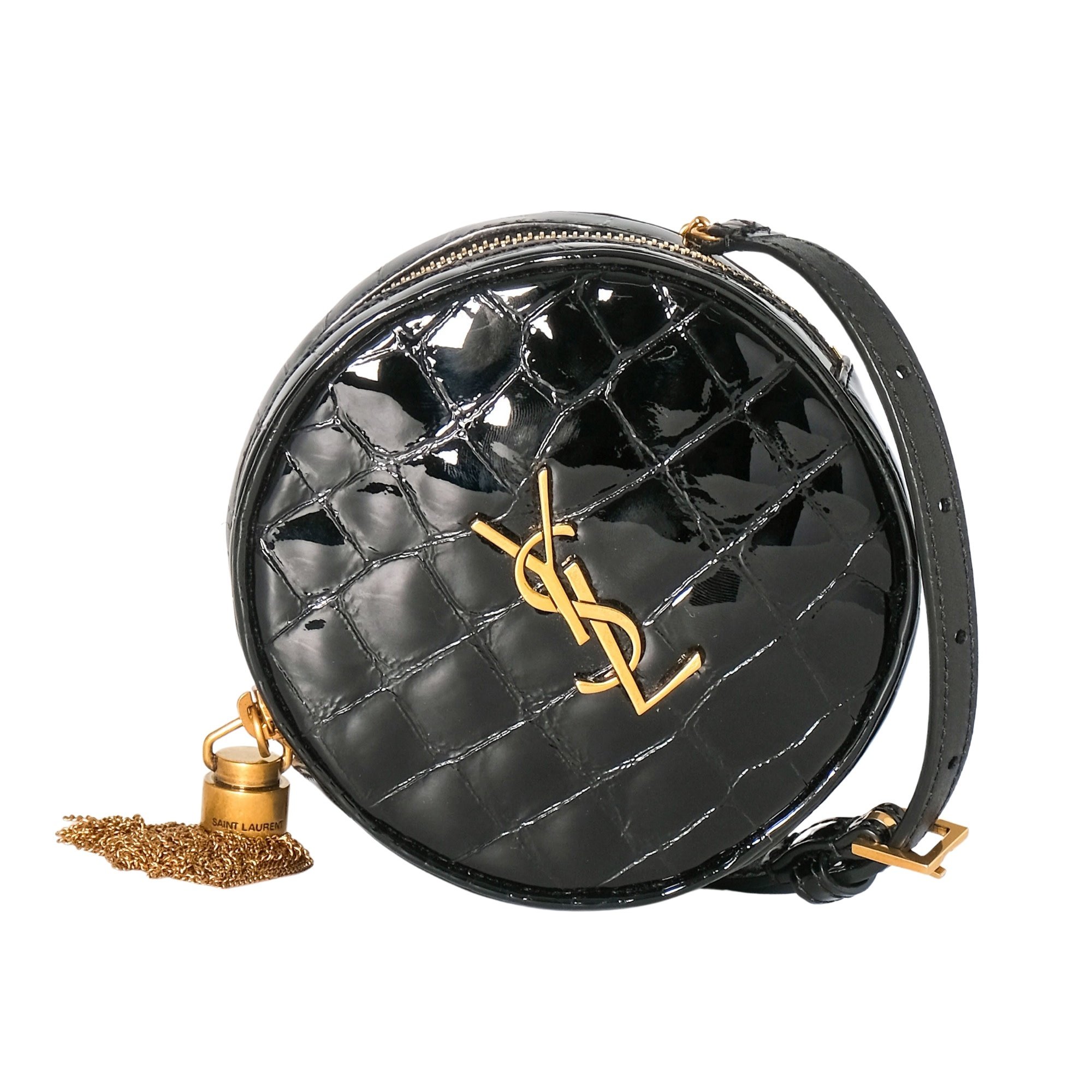 SAINT LAURENT PATENT BLACK CROC-EMBOSSED ROUND BAG