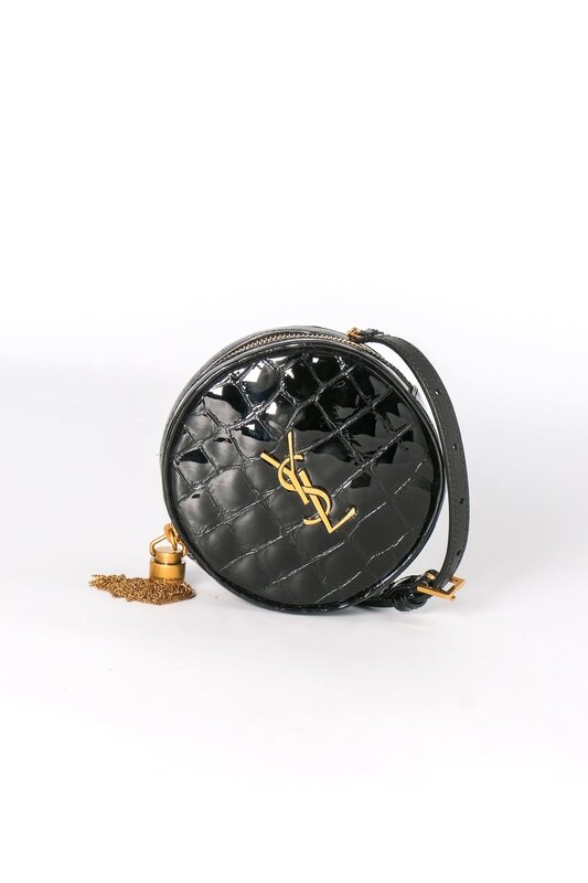 SAINT LAURENT PATENT BLACK CROC-EMBOSSED ROUND BAG