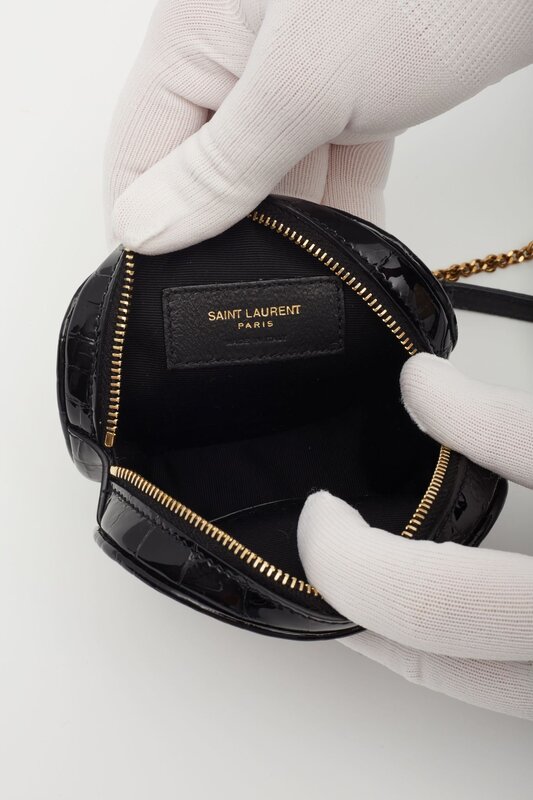 SAINT LAURENT PATENT BLACK CROC-EMBOSSED ROUND BAG