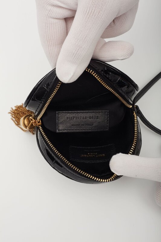 SAINT LAURENT PATENT BLACK CROC-EMBOSSED ROUND BAG