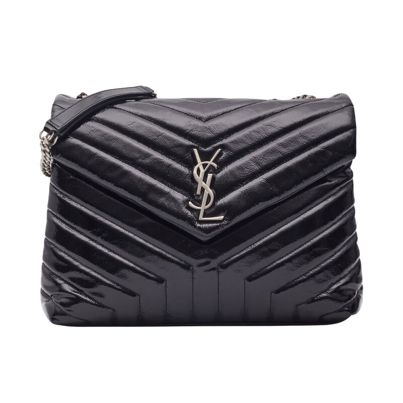 SAINT LAURENT PATENT BLACK MONOGRAM LOULOU SHOULDER BAG MEDIUM