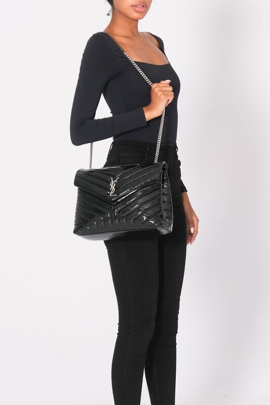 SAINT LAURENT SAINT LAURENT PATENT BLACK MONOGRAM LOULOU SHOULDER BAG MEDIUM