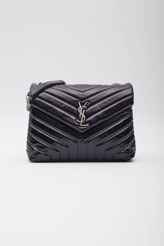 SAINT LAURENT PATENT BLACK MONOGRAM LOULOU SHOULDER BAG MEDIUM