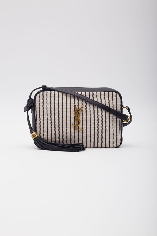 SAINT LAURENT BLACK WHITE STRIPES CANVAS LOU CAMERA BAG