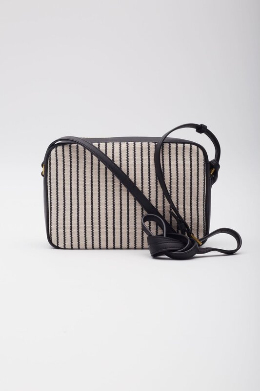 SAINT LAURENT BLACK WHITE STRIPES CANVAS LOU CAMERA BAG