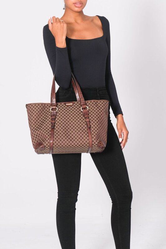 CELINE CELINE MONOGRAM EBONY MACADAM CROCO EMBOSSED TOTE BAG