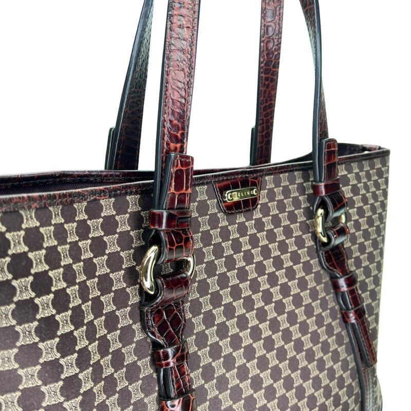 CELINE CELINE MONOGRAM EBONY MACADAM CROCO EMBOSSED TOTE BAG