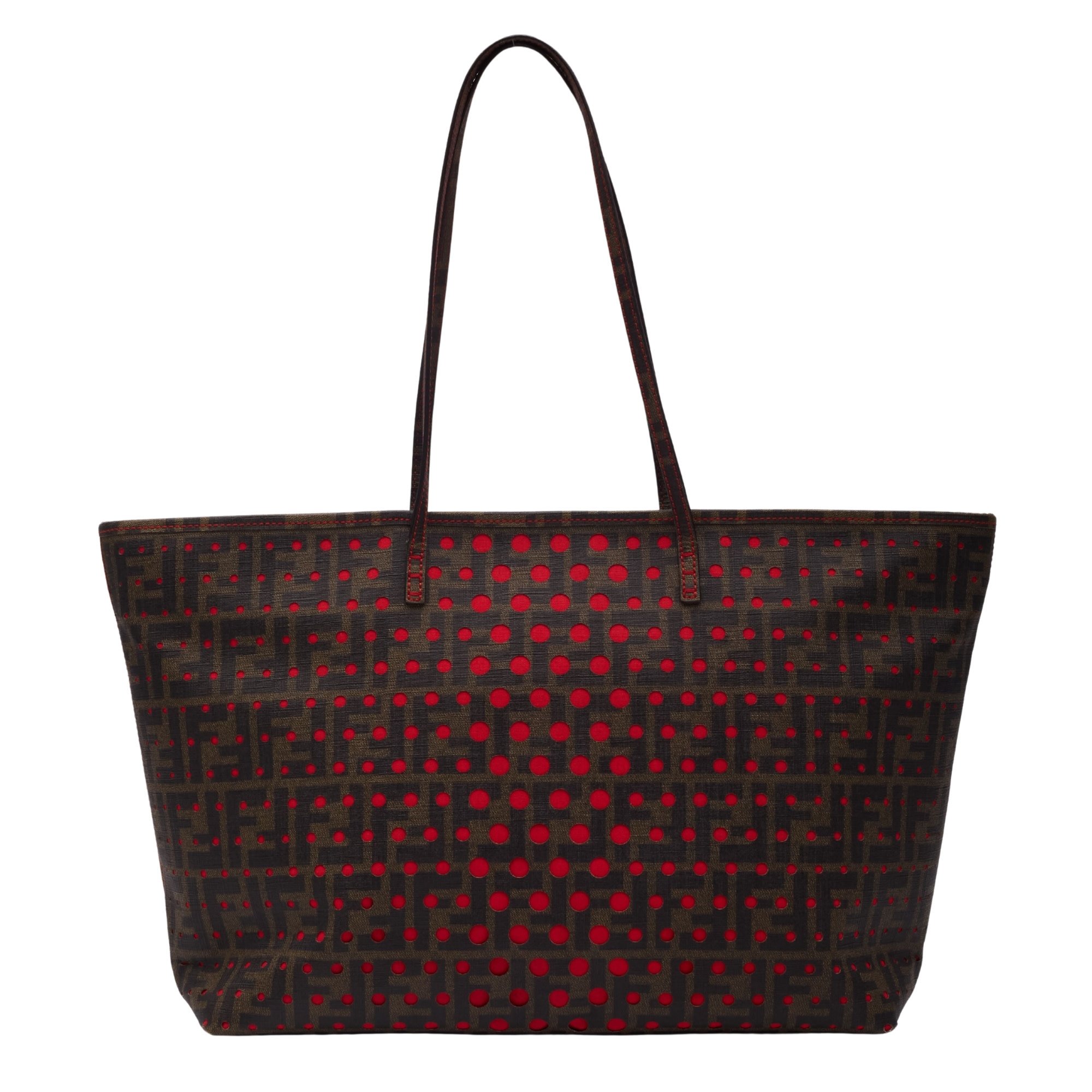 FENDI ZUCCA SPALMATI PERFORATED MEDIUM ROLL TOTE TOBACCO