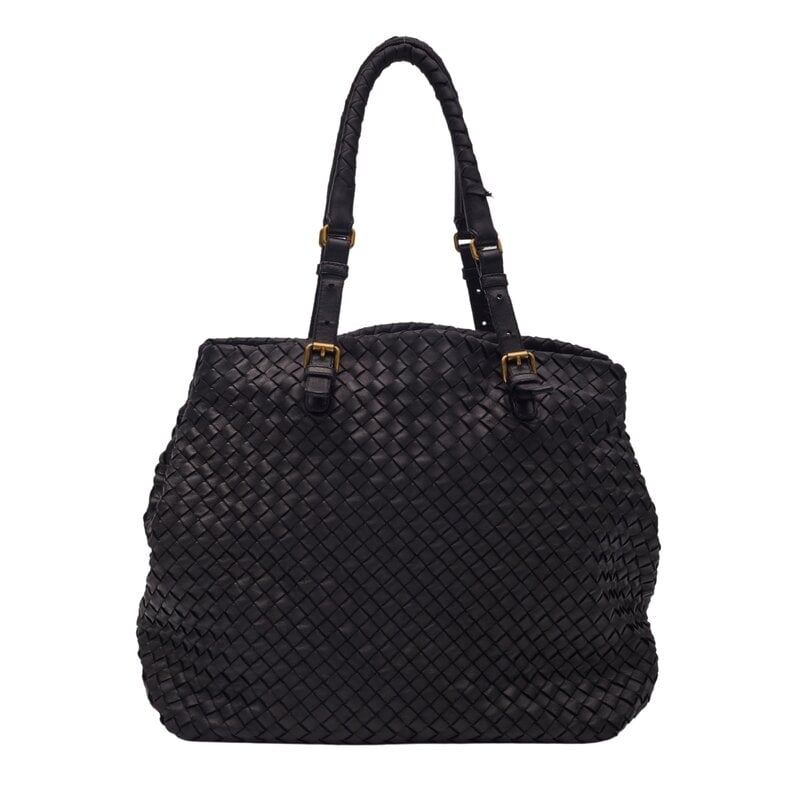 BOTTEGA VENETA BELTED LEATHER CABAS CESTA MM TOTE BAG BLACK