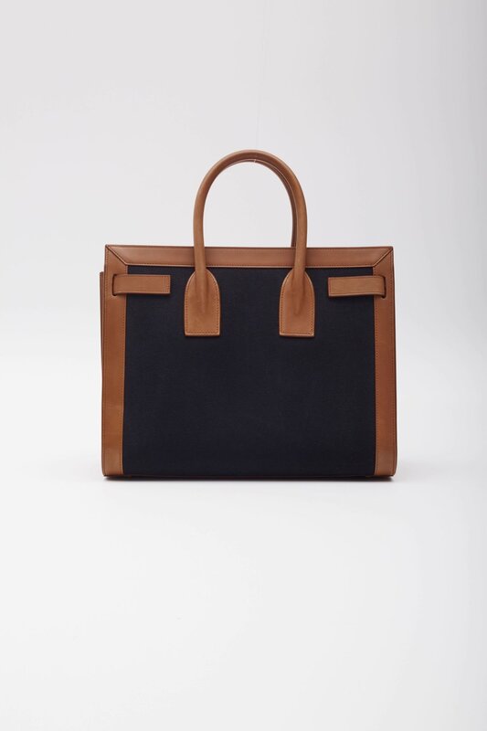 SAINT LAURENT BLACK CANVAS BROWN LEATHER SMALL SAC DE JOUR TOTE BAG