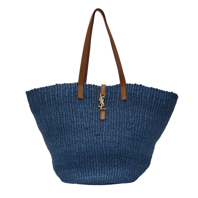 SAINT LAURENT RAFFIA PANNIER BLUE TOTE BAG