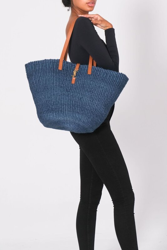 SAINT LAURENT RAFFIA PANNIER BLUE TOTE BAG