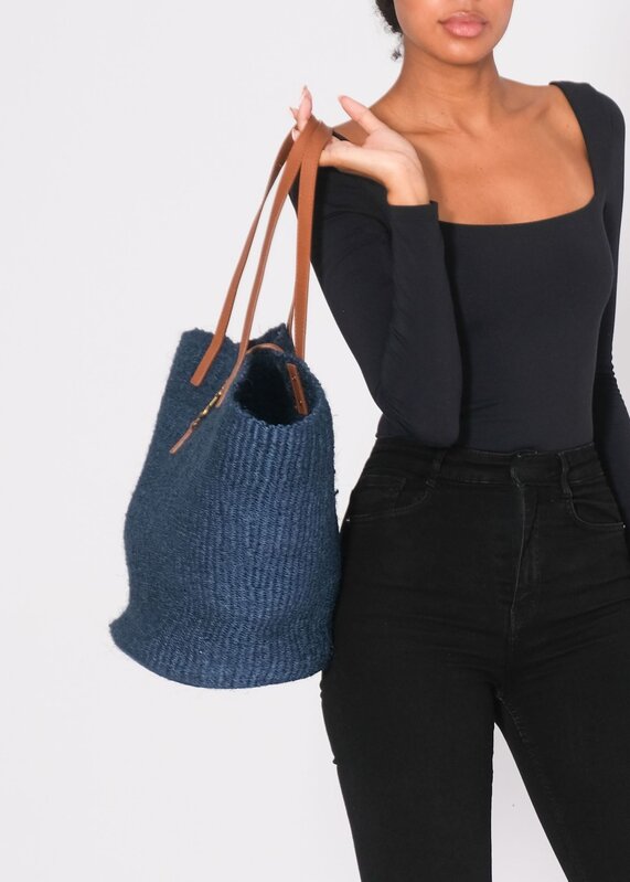 SAINT LAURENT RAFFIA PANNIER BLUE TOTE BAG