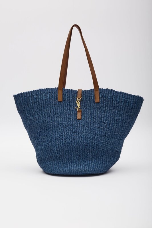 SAINT LAURENT SAINT LAURENT RAFFIA PANNIER BLUE TOTE BAG