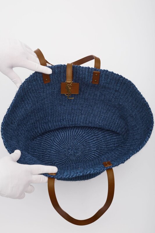 SAINT LAURENT SAINT LAURENT RAFFIA PANNIER BLUE TOTE BAG