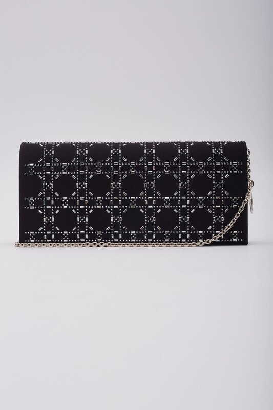 CHRISTIAN DIOR CRYSTAL CANNAGE BLACK SATIN SHOULDER & CLUTCH BAG