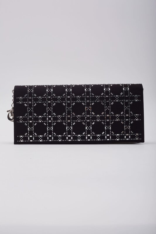 CHRISTIAN DIOR CRYSTAL CANNAGE BLACK SATIN SHOULDER & CLUTCH BAG