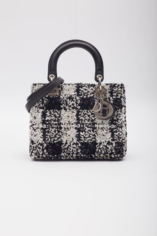 CHRISTIAN DIOR DIOR LAMBSKIN BLACK WHITE SEQUIN EMBELLISHED LADY DIOR HANDBAG MEDIUM