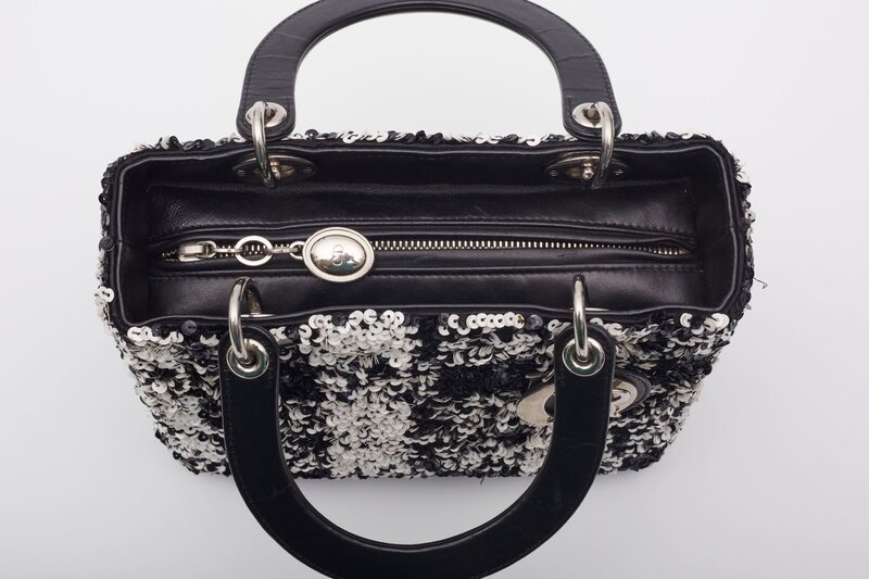 CHRISTIAN DIOR DIOR LAMBSKIN BLACK WHITE SEQUIN EMBELLISHED LADY DIOR HANDBAG MEDIUM