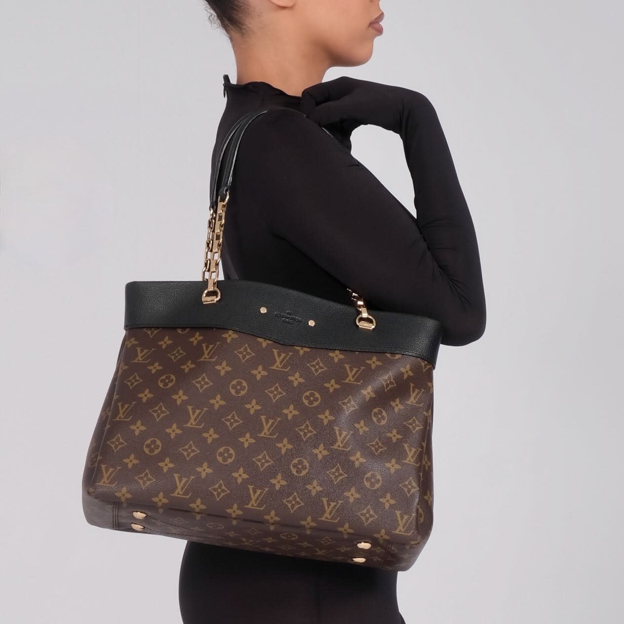 louis vuitton monogram canvas black leather pallas shopper tote bag CRTBLNCHSHP