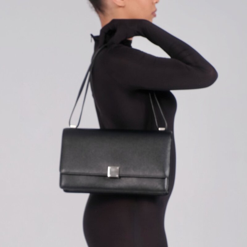 CELINE CELINE TEXTURED LEATHER BLACK CASE FLAP BAG MEDIUM