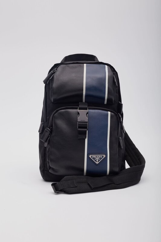 PRADA PRADA LEATHER TESSUTO NYLON BLACK BLUE SLING BACKPACK