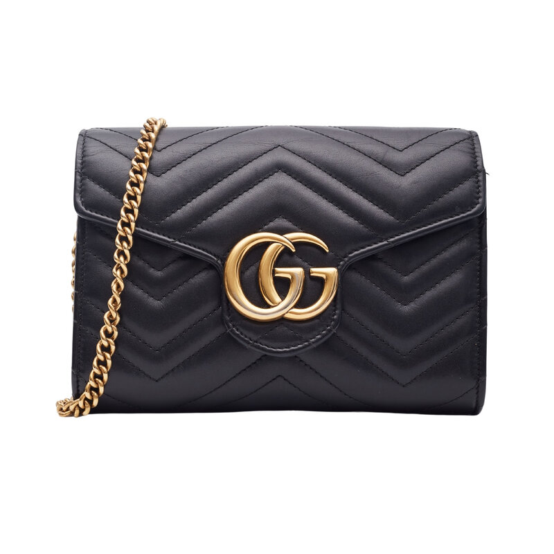 GUCCI GUCCI CALFSKIN MATELASSE GG MARMONT CHAIN WALLET BLACK