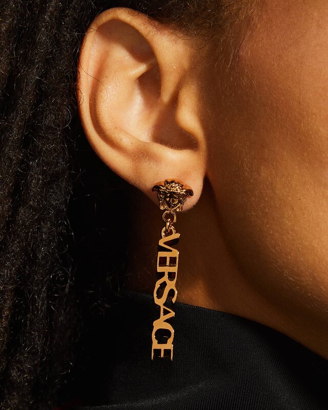 VERSACE VERSACE GOLD LA MEDUSA LOGO DROP EARRINGS