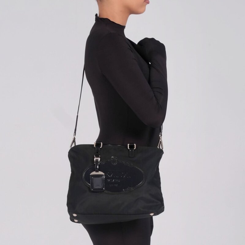 PRADA PRADA TESSUTO NYLON BLACK LOGO TOTE BAG