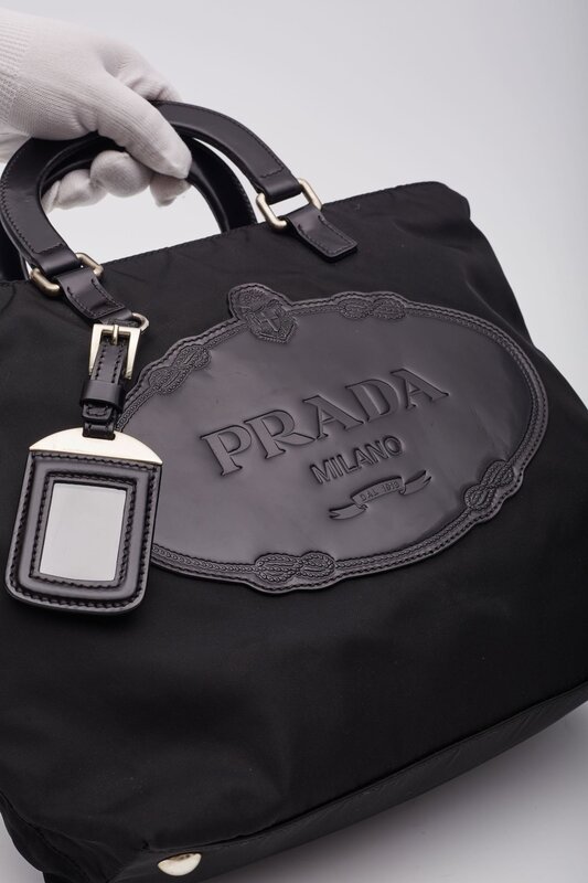 PRADA PRADA TESSUTO NYLON BLACK LOGO TOTE BAG
