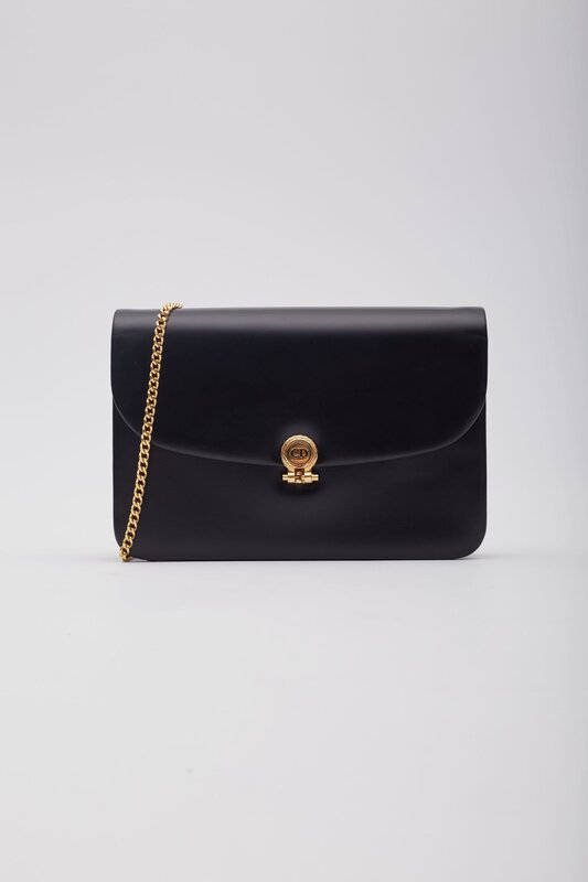 CHRISTIAN DIOR DIOR BLACK SMOOTH LEATHER CHAIN FLAP SHOULDER BAG