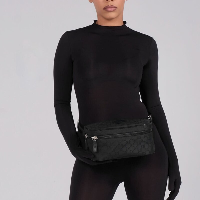 GUCCI GUCCI BLACK NYLON CANVAS MONOGRAM FANNY BELT BAG