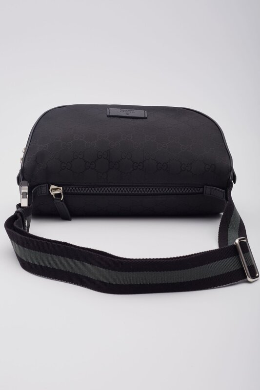 GUCCI GUCCI BLACK NYLON CANVAS MONOGRAM FANNY BELT BAG