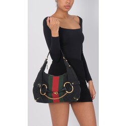 GUCCI GUCCI BLACK MONOGRAM HORSEBIT WEB HOBO SHOULDER BAG LARGE