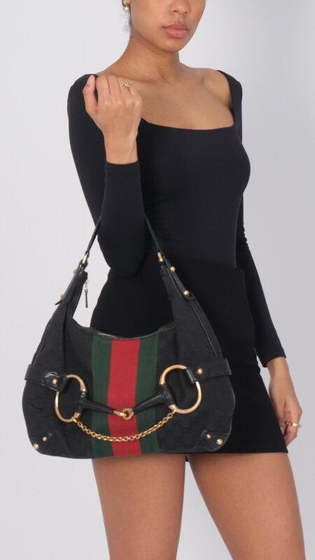 GUCCI GUCCI BLACK MONOGRAM HORSEBIT WEB HOBO SHOULDER BAG LARGE