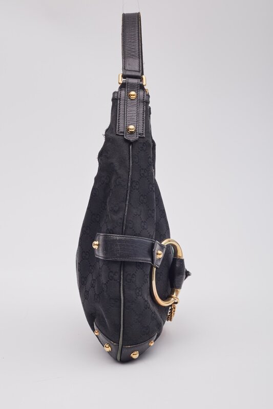 GUCCI GUCCI BLACK MONOGRAM HORSEBIT WEB HOBO SHOULDER BAG LARGE