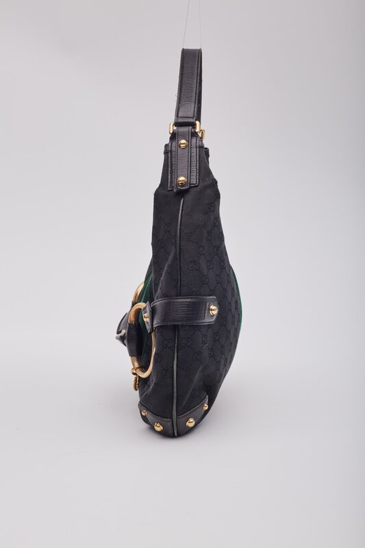 GUCCI GUCCI BLACK MONOGRAM HORSEBIT WEB HOBO SHOULDER BAG LARGE