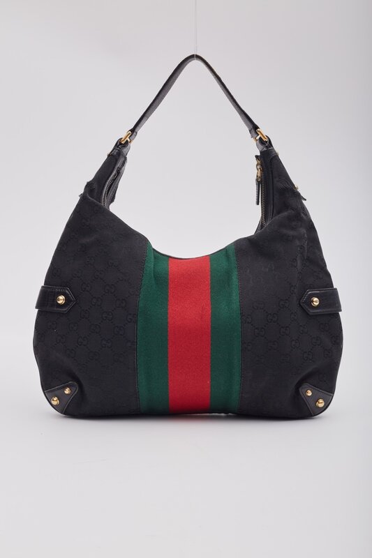 GUCCI GUCCI BLACK MONOGRAM HORSEBIT WEB HOBO SHOULDER BAG LARGE