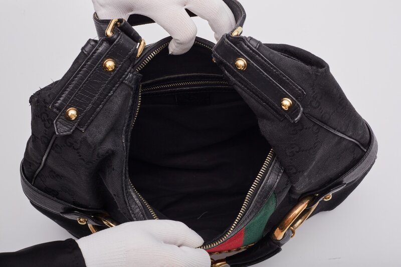 GUCCI GUCCI BLACK MONOGRAM HORSEBIT WEB HOBO SHOULDER BAG LARGE