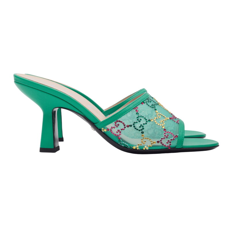 GUCCI GUCCI GG CRYSTAL EMBELLISHED MESH CHARLOTT SANDAL HEELS