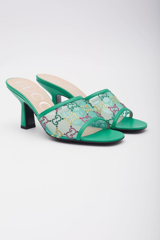 GUCCI GUCCI GG CRYSTAL EMBELLISHED MESH CHARLOTT SANDAL HEELS