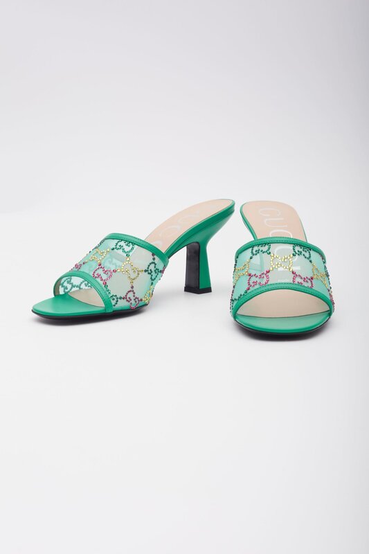 GUCCI GUCCI GG CRYSTAL EMBELLISHED MESH CHARLOTT SANDAL HEELS