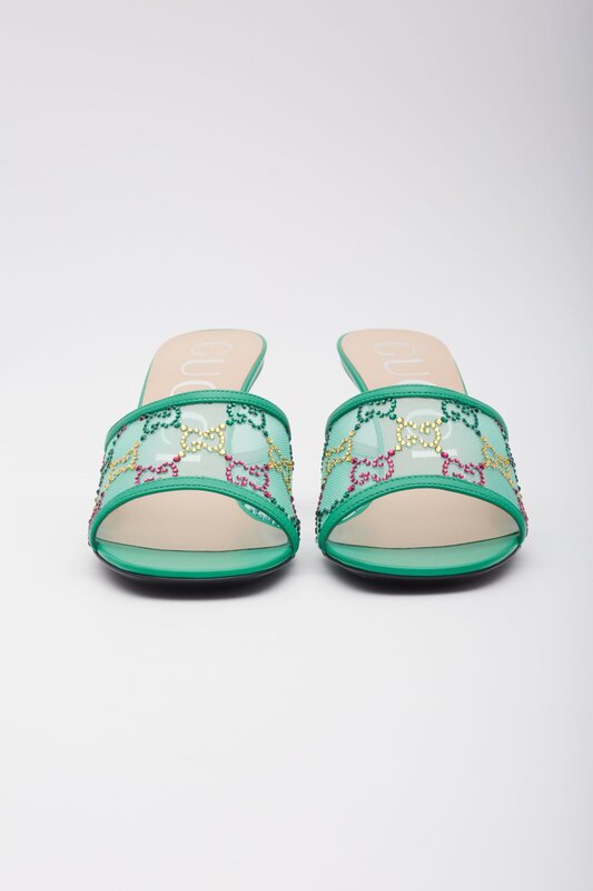 GUCCI GUCCI GG CRYSTAL EMBELLISHED MESH CHARLOTT SANDAL HEELS