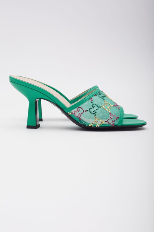 GUCCI GUCCI GG CRYSTAL EMBELLISHED MESH CHARLOTT SANDAL HEELS